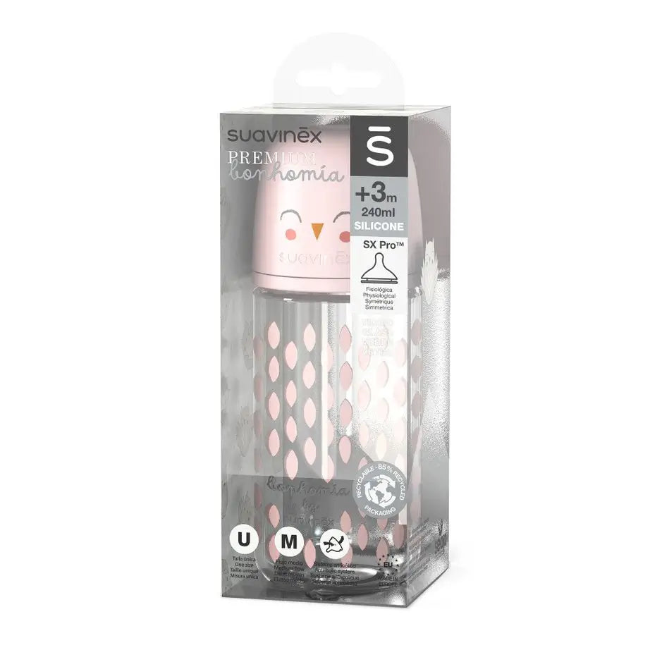 Suavinex – sklenená fľaša s objemom 240 ml. Fyziologická silikónová cumlík Sx Pro. Fľaša so stredným prietokom. Od 3 mesiacov. Bonhomia, ružová 
