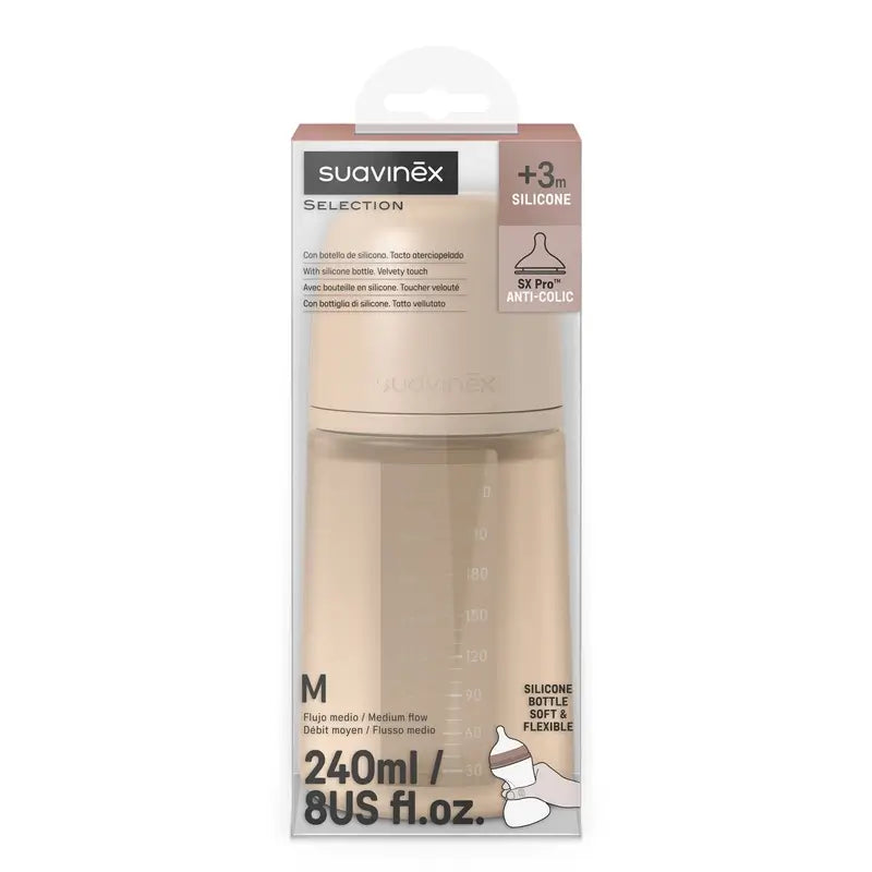 Suavinex silikónová fľaša 240 ml, stredný prietok (M), od 3 mesiacov, Irish Cream