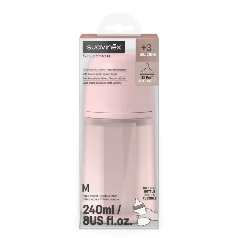 Suavinex Silikónová fľaša 240 ml, stredný prietok (M), od 3 mesiacov, Rosewater