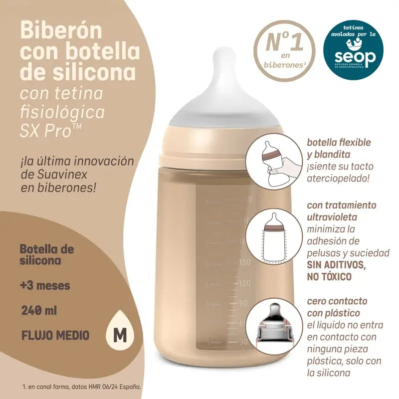 Suavinex Silikónová fľaša 240 ml, stredný prietok (M), od 3 mesiacov, Rosewater