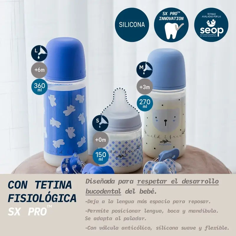 Suavinex Fľaša s cumlíkom Sx Pro s hustým prietokom (L) +6 mesiacov Wild&Free modrá, 360 ml
