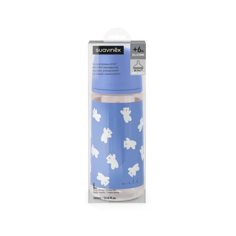 Suavinex Fľaša s cumlíkom Sx Pro s hustým prietokom (L) +6 mesiacov Wild&Free modrá, 360 ml