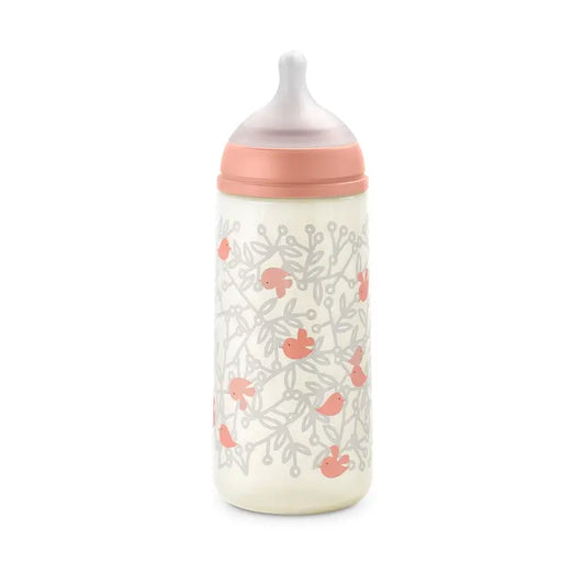Suavinex Fľaša s cumlíkom Sx Pro s hustým prietokom (L) +6 mesiacov, ružové vtáčiky, 360 ml