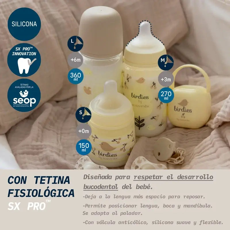 Suavinex Fľaša s cumlíkom Sx Pro s pomalým prietokom (S) +0 mesiacov, Birdies, béžová, 150 ml
