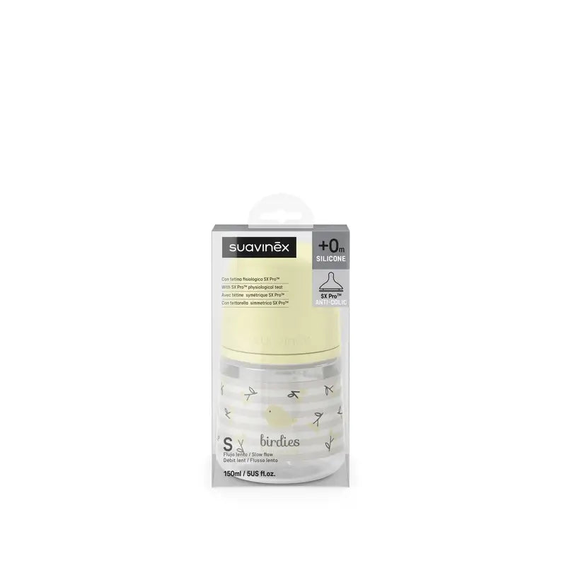 Suavinex Fľaša s cumlíkom Sx Pro s pomalým prietokom (S) +0 mesiacov, Birdies, béžová, 150 ml