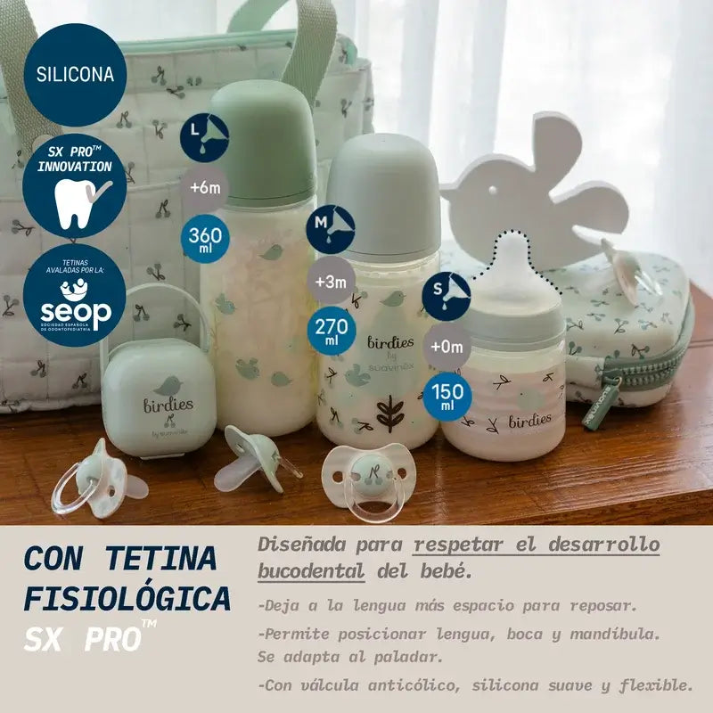 Suavinex Fľaša s cumlíkom Sx Pro s pomalým prietokom (S) +0 mesiacov, Birdies, zelená, 150 ml