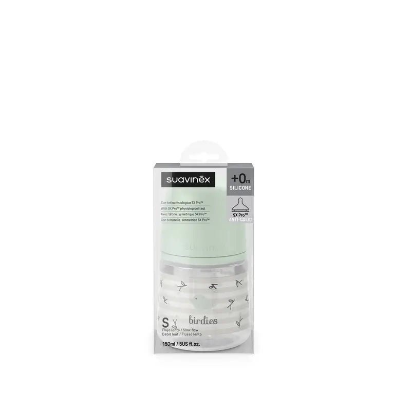 Suavinex Fľaša s cumlíkom Sx Pro s pomalým prietokom (S) +0 mesiacov, Birdies, zelená, 150 ml