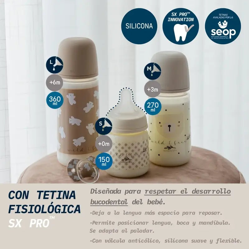 Suavinex Fľaša s cumlíkom Sx Pro s pomalým prietokom (S) +0 mesiacov Wild&Free béžová, 150 ml