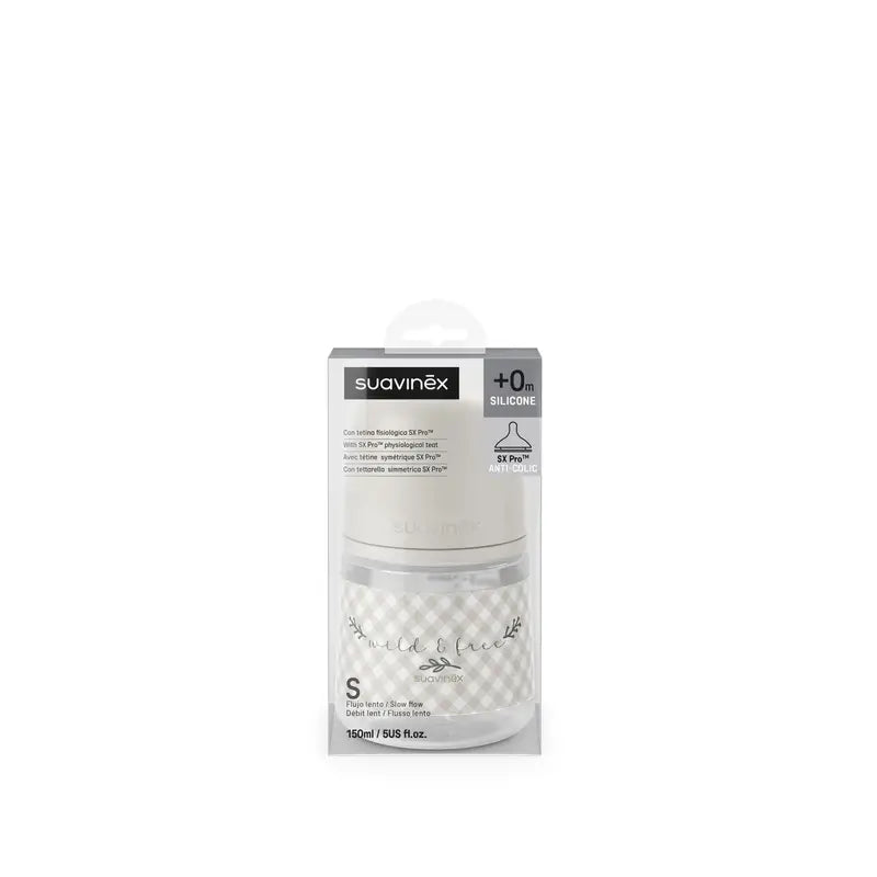 Suavinex Fľaša s cumlíkom Sx Pro s pomalým prietokom (S) +0 mesiacov Wild&Free béžová, 150 ml