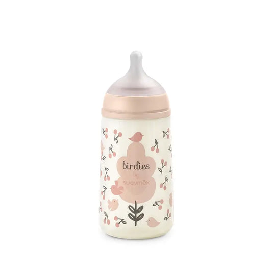 Suavinex Fľaša s cumlíkom Sx Pro so stredným prietokom (M) +3 mesiace, ružová s motívom vtáčikov, 270 ml