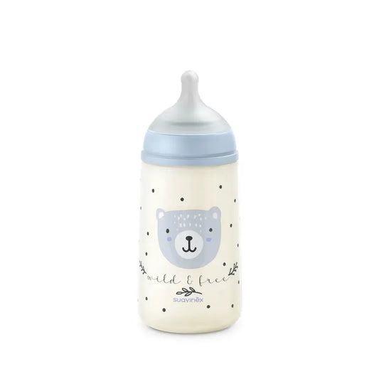 Suavinex Kŕmna fľaša s cumlíkom Sx Pro so stredným prietokom (M) +3 mesiace Wild&Free modrá, 270 ml