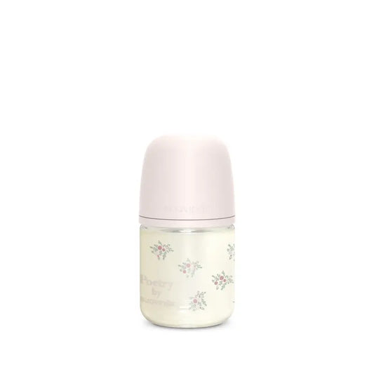 Suavinex sklenená fľaša 120 ml, pomalý prietok (S), od 0 mesiacov, Poetry ružová