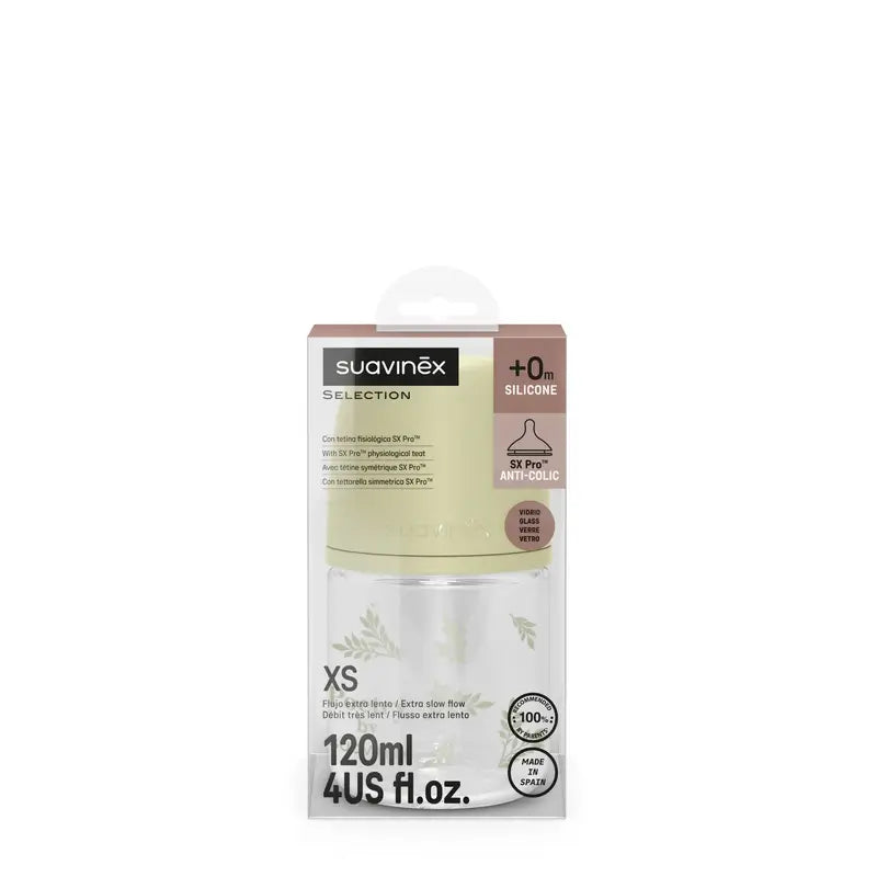 Suavinex Sklenená fľaša 120 ml, pomalý prietok (S), od 0 mesiacov, Poetry Green