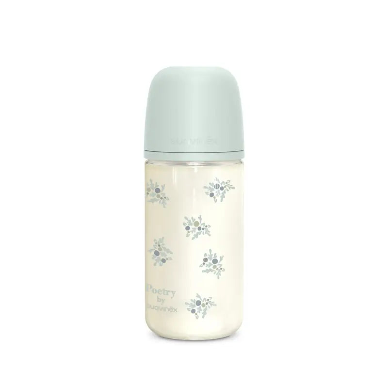 Suavinex sklenená fľaša 240 ml, stredný prietok (M), od 3 mesiacov, Poetry – modrá