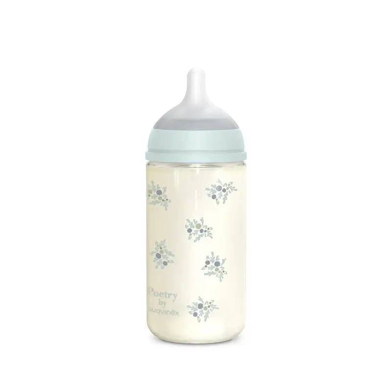 Suavinex sklenená fľaša 240 ml, stredný prietok (M), od 3 mesiacov, Poetry – modrá