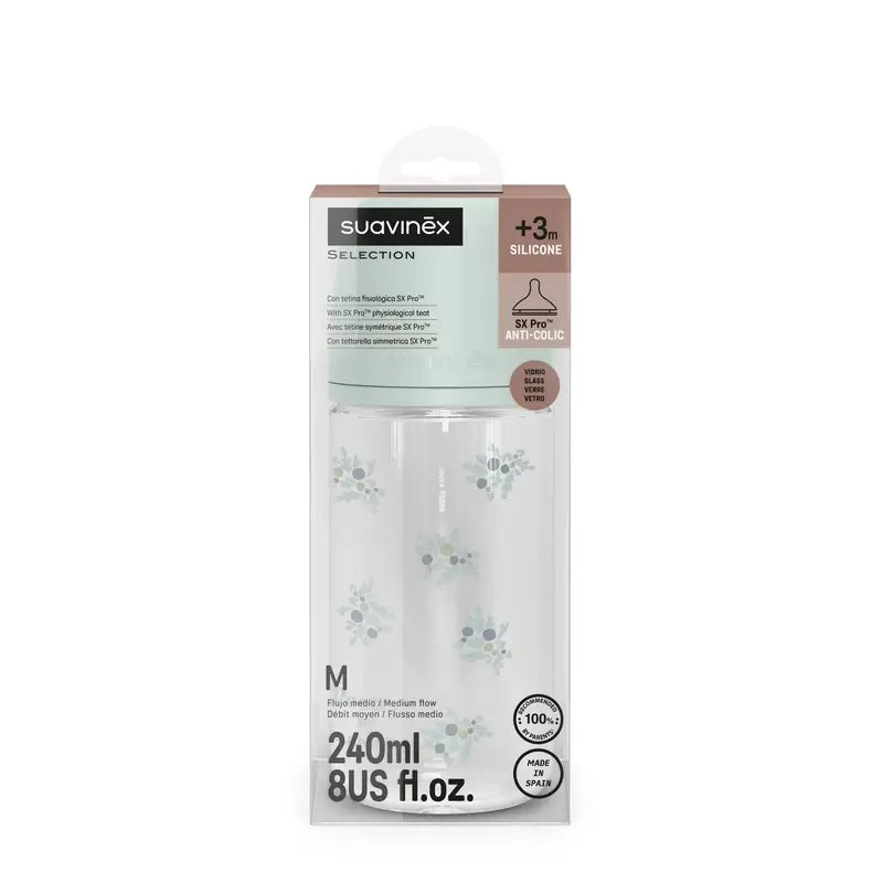Suavinex sklenená fľaša 240 ml, stredný prietok (M), od 3 mesiacov, Poetry – modrá