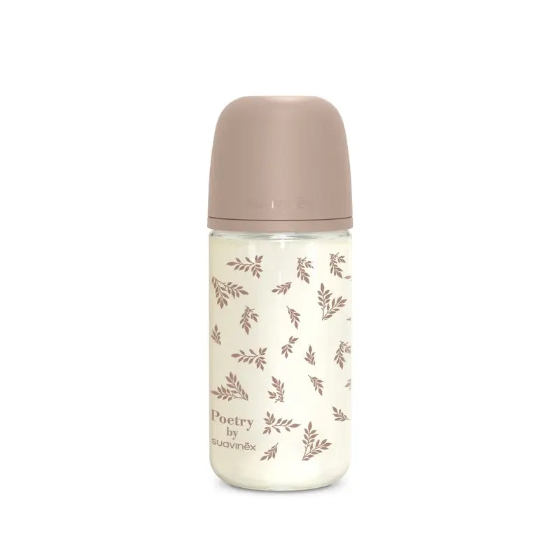Suavinex sklenená fľaša 240 ml, stredný prietok (M), od 3 mesiacov, Poetry Beige