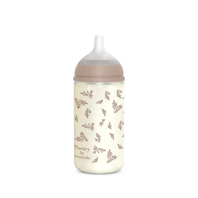 Suavinex sklenená fľaša 240 ml, stredný prietok (M), od 3 mesiacov, Poetry Beige