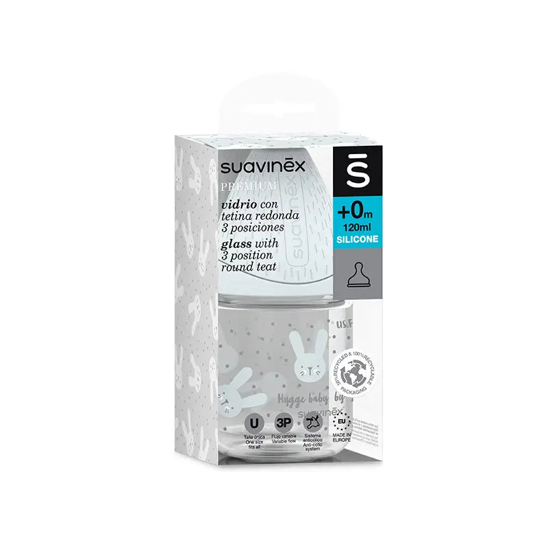 Suavinex sklenená fľaša Premium Rabbit v šedej farbe, 120 ml