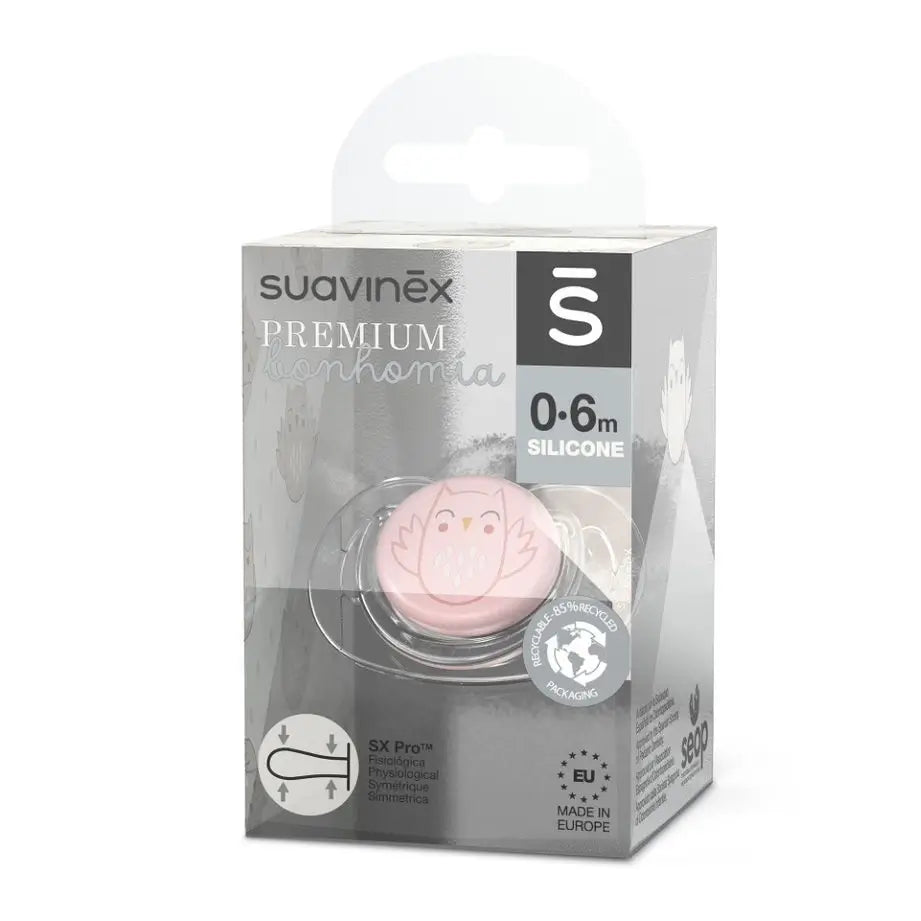 Suavinex – prémiový cumlík pre bábätká vo veku 0–6 mesiacov. Cumlík s fyziologickým silikónovým náustkom Sx Pro. Bonhomia, ružová