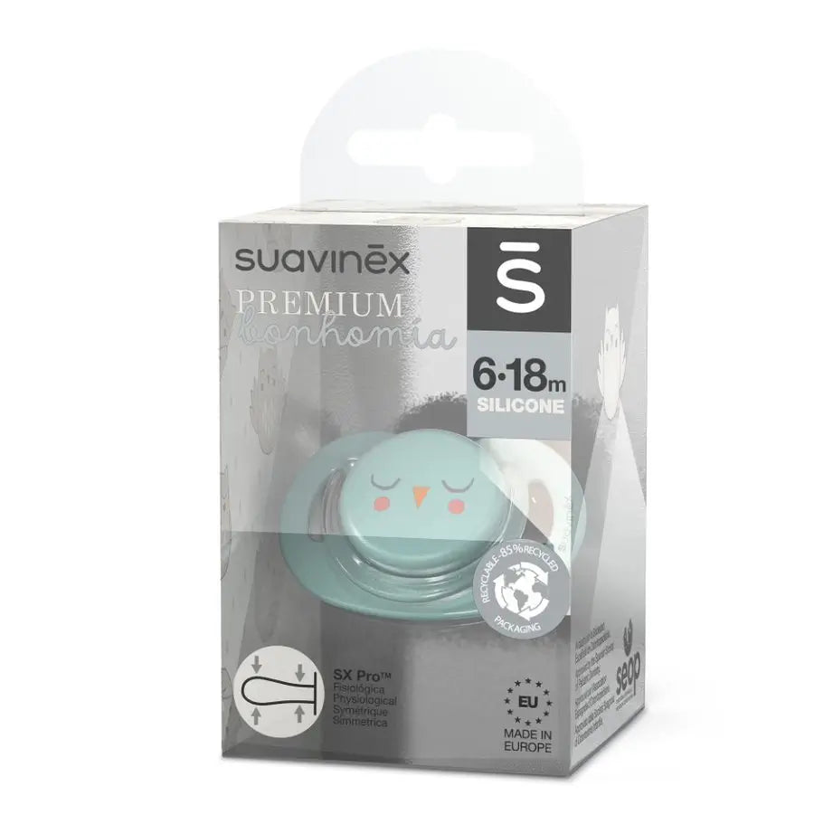 Suavinex – prémiový cumlík pre bábätká vo veku 6–18 mesiacov. Cumlík s fyziologickou silikónovou savičkou Sx Pro. Bonhomia, zelený