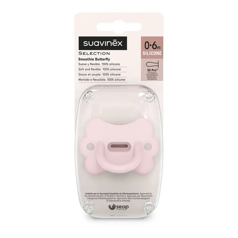 Suavinex cumlík – celosilikónový, fyziologický, Sx Pro, 0–6 mesiacov, motýľ, Rosewater