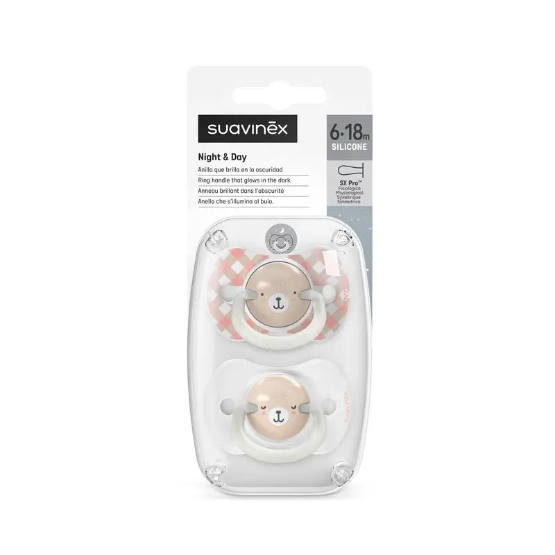 Suavinex Nočné cumlíky Night & Day, savička Sx Pro, 6–18 mesiacov, ružové, 2 ks