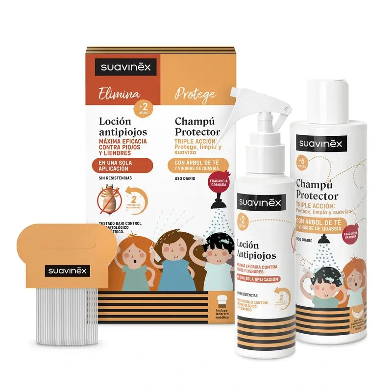 Suavinex Pack – prípravok proti všiam 125 ml + ochranný šampón 250 ml + hrebeň na vši, od 2 rokov