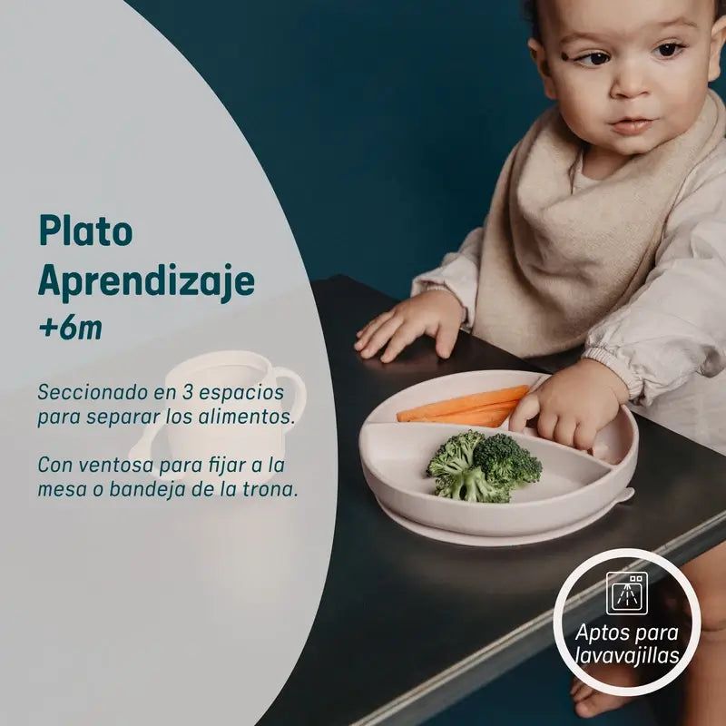 Suavinex silikónový tanier s prísavkou a priehradkami, od 6 mesiacov, béžový