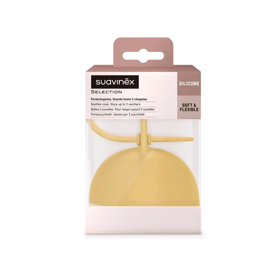 Suavinex – puzdro na cumlíky pre bábätká. Puzdro z pružného silikónu. Na 2 cumlíky. Od 0 mesiacov. Colour Essence, horčicová