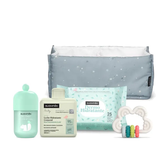 Suavinex Darčeková sada pre bábätká: mlieko 300 ml + detská kolónia Memories 100 ml + vlhčené utierky + hryzátko, modrá