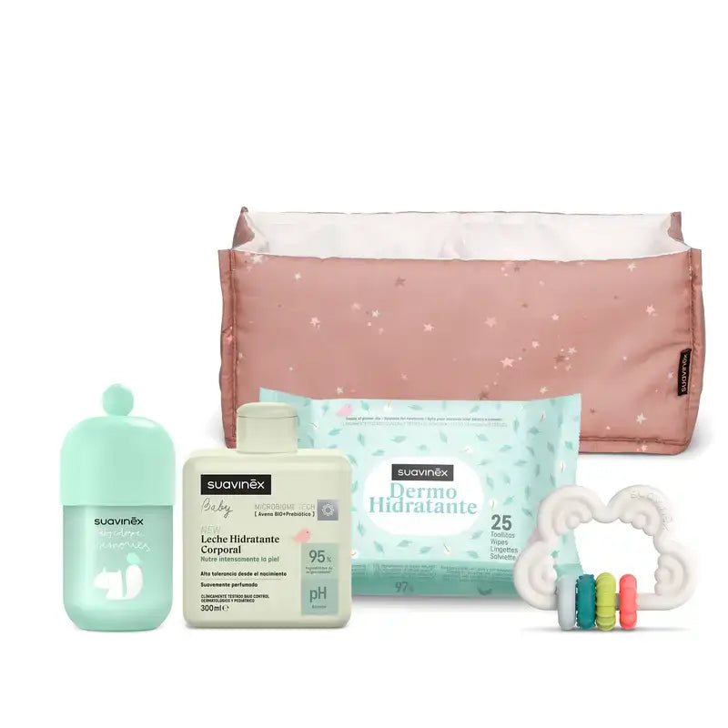 Suavinex Darčeková sada pre bábätká: Mlieko 300 ml + detská kolínska voda Memories 100 ml + vlhčené utierky + hryzátko, ružová