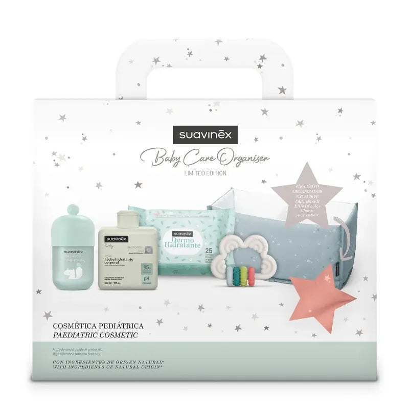 Suavinex Darčeková sada pre bábätká: Mlieko 300 ml + detská kolínska voda Memories 100 ml + vlhčené utierky + hryzátko, ružová