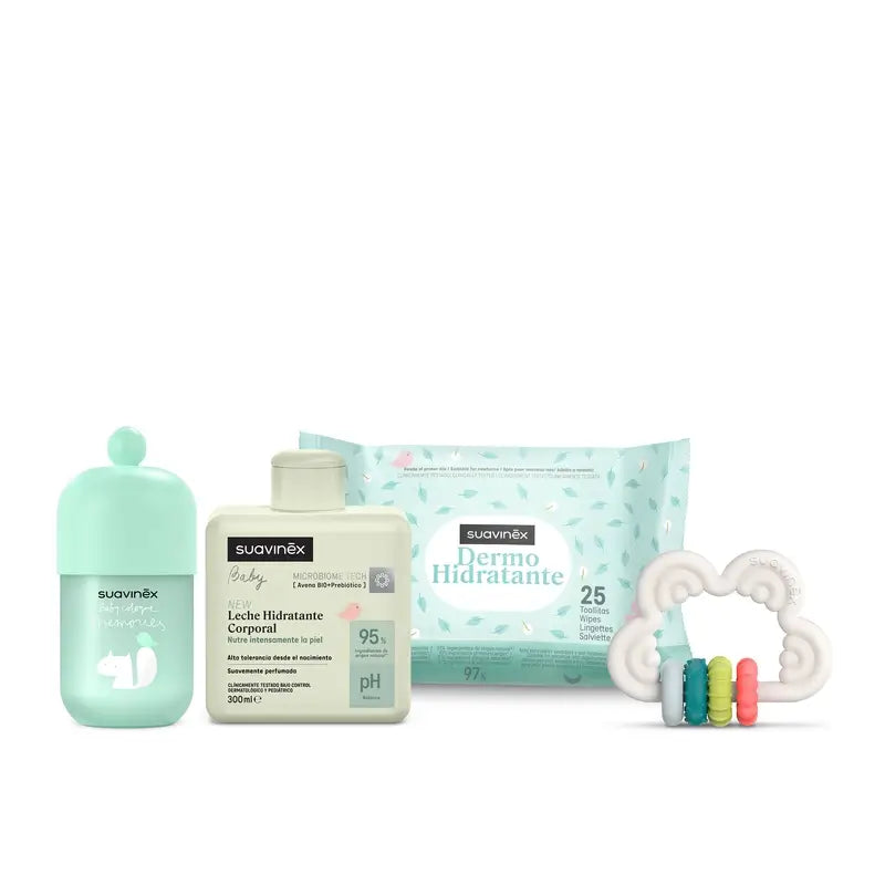 Suavinex Darčeková sada pre bábätká: Mlieko 300 ml + detská kolínska voda Memories 100 ml + vlhčené utierky + hryzátko, ružová