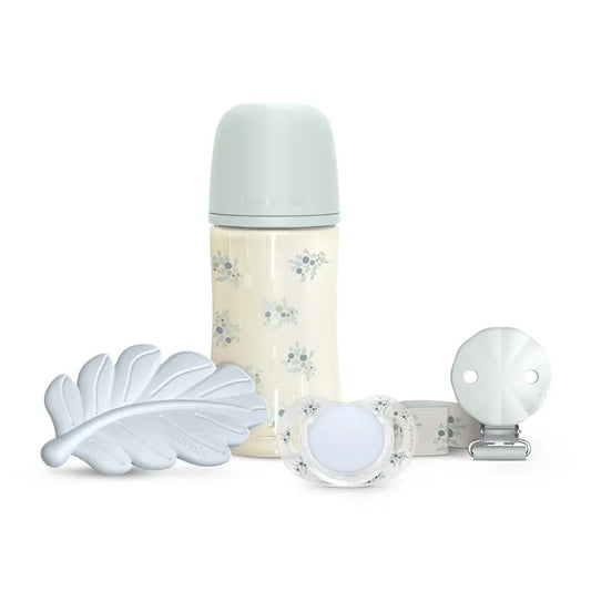 Darčeková sada Suavinex: cumlík + držiak na cumlík + fľaša 270 ml (M) + hryzátko, modrá
