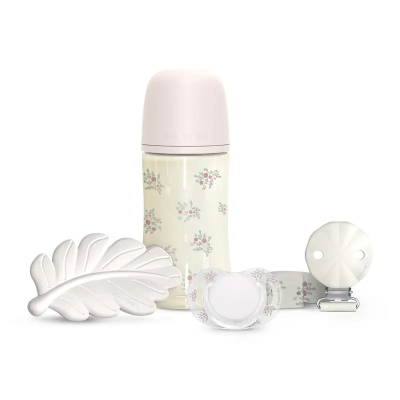 Darčeková sada Suavinex: cumlík + držiak na cumlík + fľaša 270 ml (M) + hryzátko, ružová