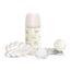 Darčeková sada Suavinex: cumlík + držiak na cumlík + fľaša 270 ml (M) + hryzátko, ružová