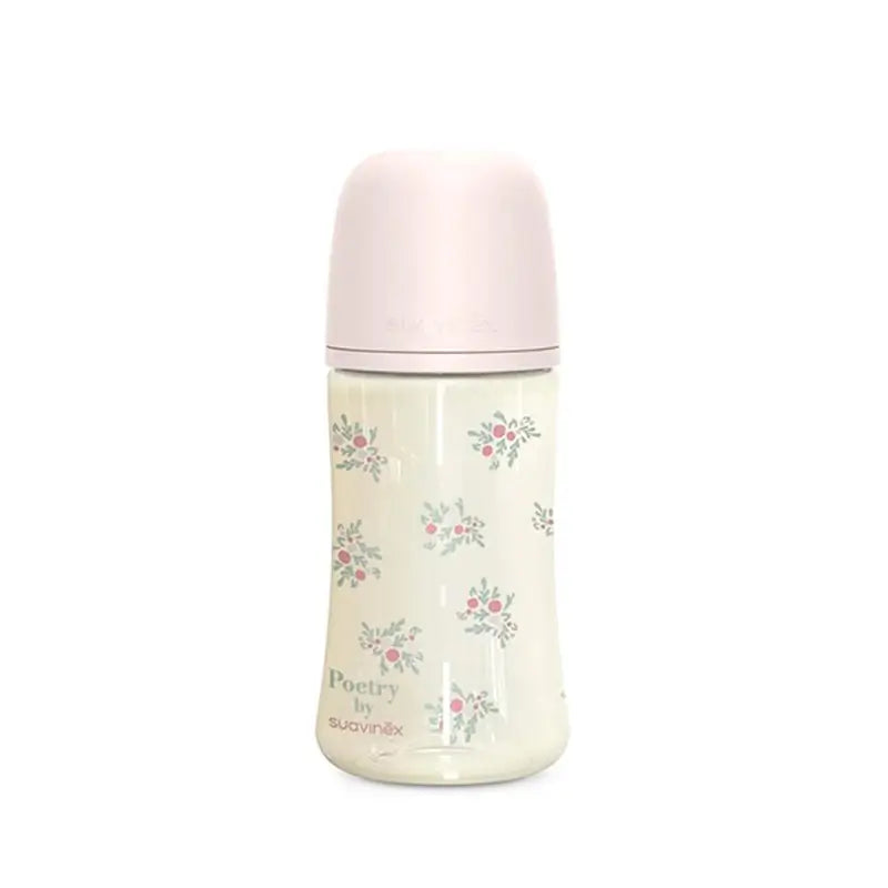 Darčeková sada Suavinex: cumlík + držiak na cumlík + fľaša 270 ml (M) + hryzátko, ružová