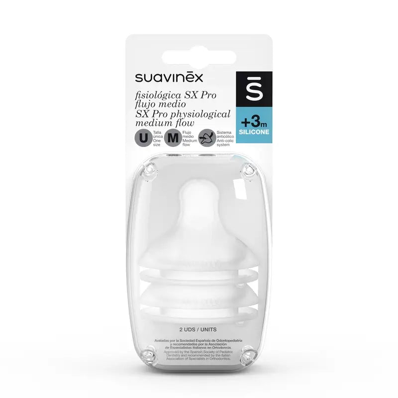 Suavinex balenie 2 fyziologických silikónových cumlíkov Sx Pro. Stredný prietok (M)