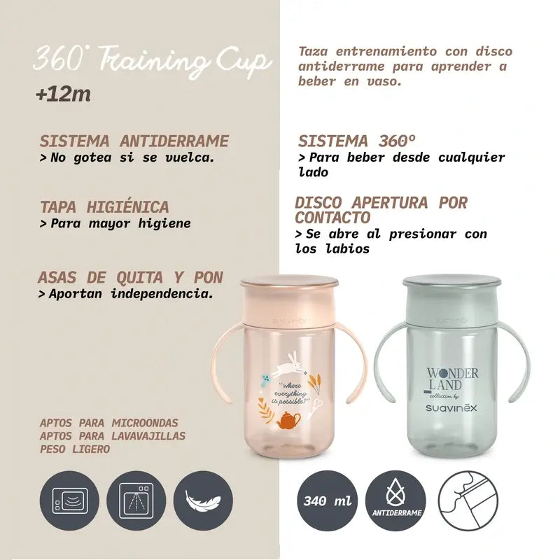 Suavinex Pohár 360 s ochranou proti rozliatiu, 340 ml, od 12 mesiacov, Wonderland – zelený