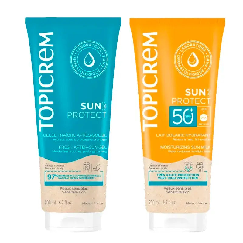 Topicrem Sun Protect SPF50+ Opaľovacie mlieko + Hydratačný krém po opaľovaní, balenie 200 ml