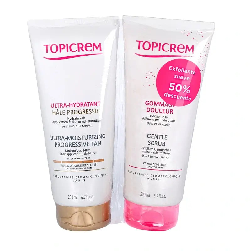 Topicrem Ultra hydratačný balíček s postupným opaľovaním 200 ml + peeling 200 ml