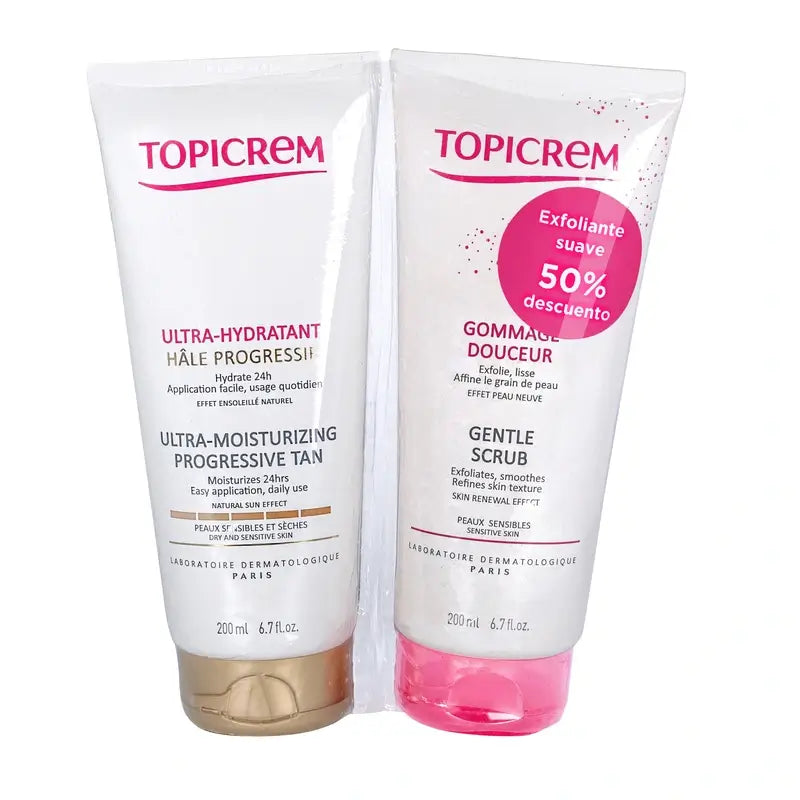 Topicrem Ultra hydratačný balíček s postupným opaľovaním 200 ml + peeling 200 ml