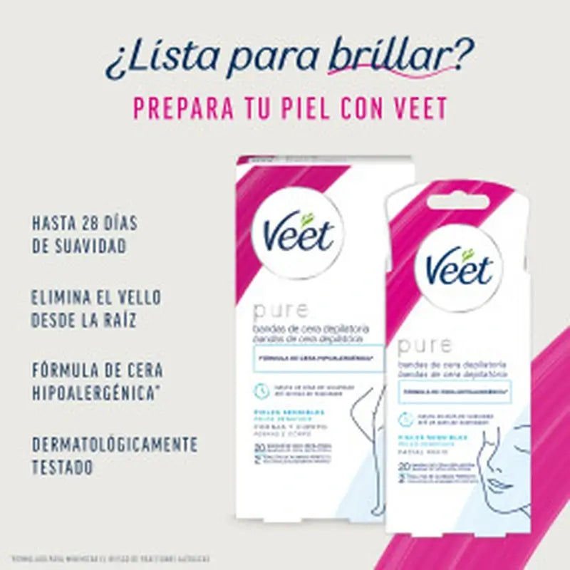 VEET Pure – Sada depilačných voskových pásikov (20 na tvár + 20 na telo)