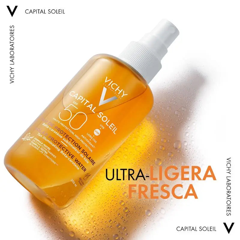 Vichy Capital Soleil Ochranná slnečná voda SPF 50 pre žiarivý vzhľad, 200 ml