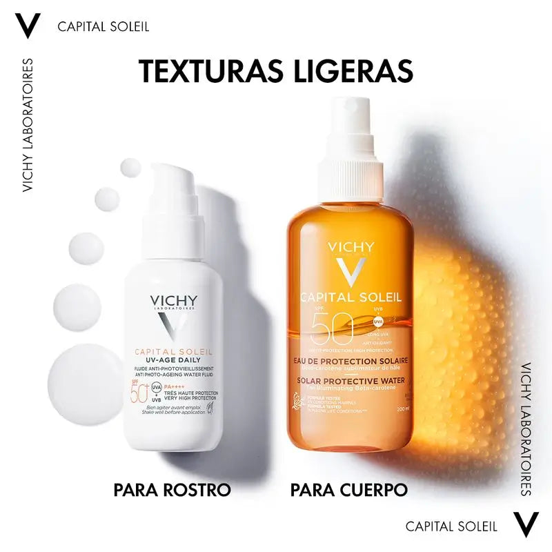 Vichy Capital Soleil Ochranná slnečná voda SPF 50 pre žiarivý vzhľad, 200 ml