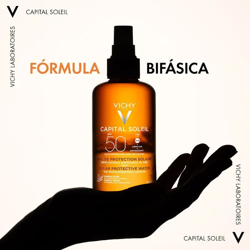 Vichy Capital Soleil Ochranná slnečná voda SPF 50 pre žiarivý vzhľad, 200 ml