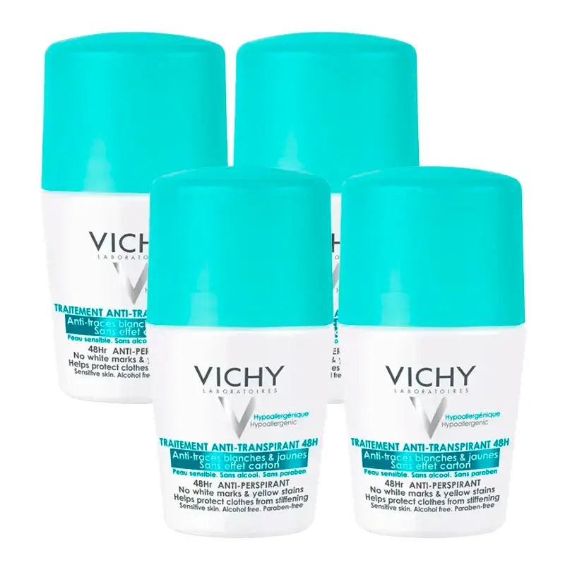 Vichy dezodorant proti poteniu s 48-hodinovou účinnosťou proti škvrnám, roll-on, balenie 4 x 50 ml