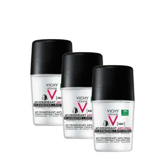Vichy Homme dezodorant 48H proti poteniu a proti škvrnám, roll-on, 50 ml, balenie po 3 ks