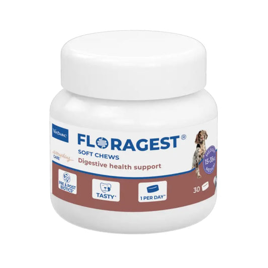 Virbac Floragest® Soft Chews – doplnok stravy na podporu trávenia pre stredne veľké psy, 1 balenie po 30 žuvačkách
